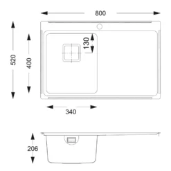 Vellamo Steel Horizon Compact 1 Bowl Stainless Steel Kitchen sink & Waste Kit - 800 x 520mm