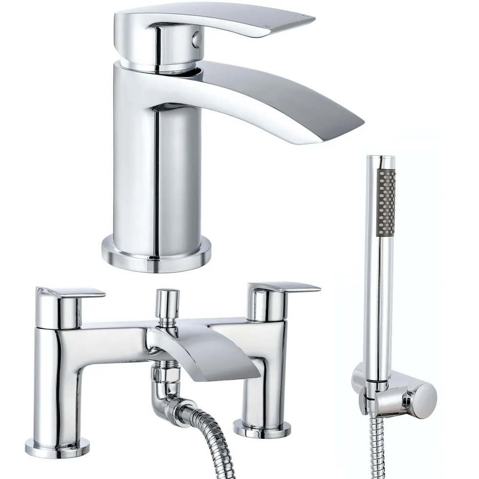 Vellamo Swift Chrome Basin Mixer Tap & Waste and Bath Shower Mixer Tap with Shower Kit