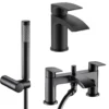 Vellamo Swift Matt Black Basin Mixer Tap & Waste and Bath Shower Mixer Tap with Shower Kit