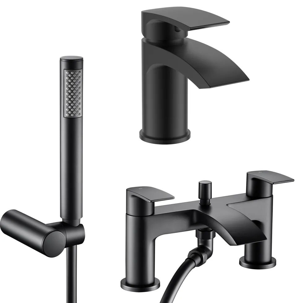 Vellamo Swift Matt Black Basin Mixer Tap & Waste and Bath Shower Mixer Tap with Shower Kit