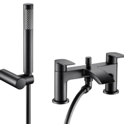 Vellamo Swift Matt Black Basin Mixer Tap & Waste and Bath Shower Mixer Tap with Shower Kit