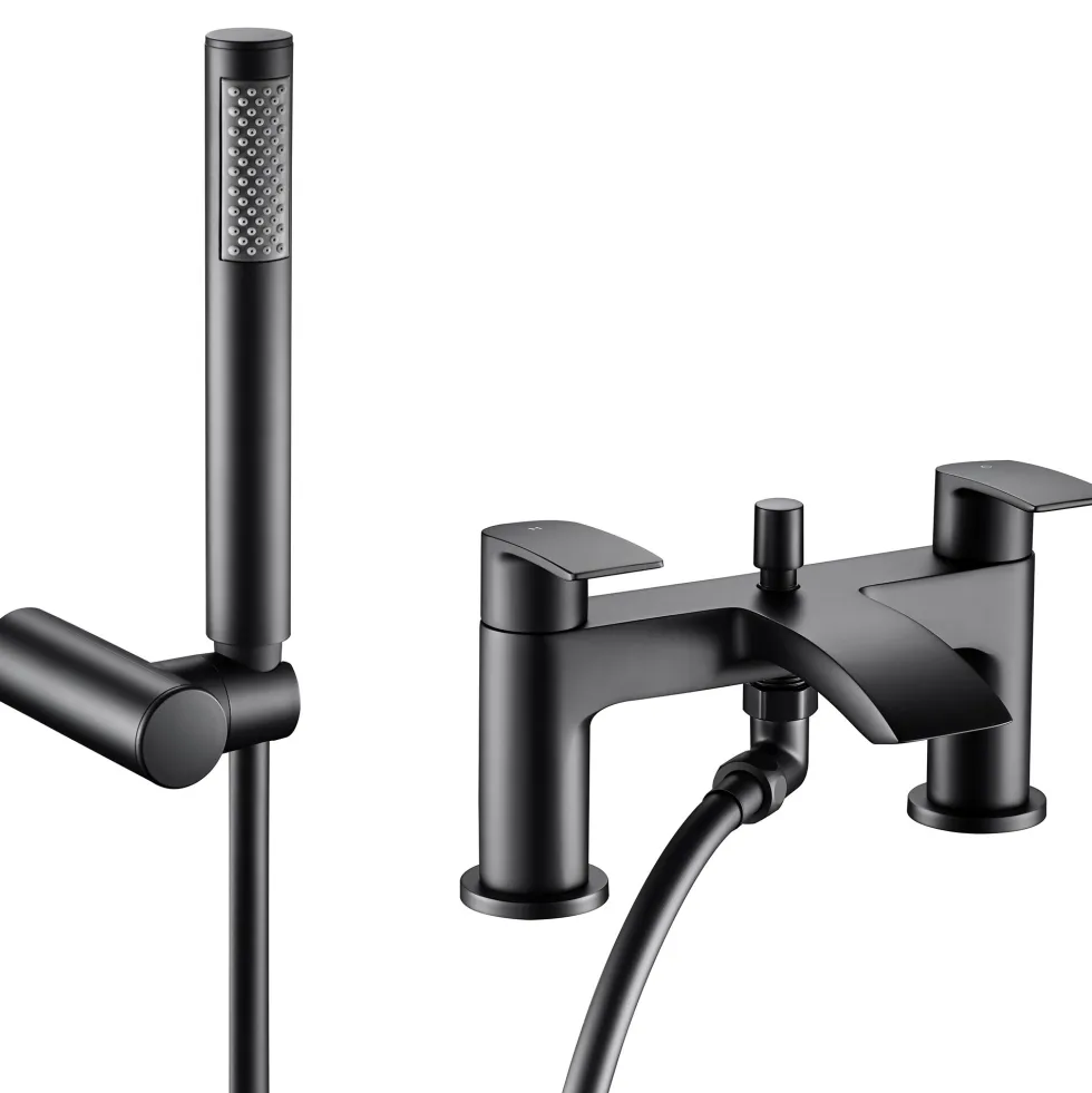 Vellamo Swift Matt Black Basin Mixer Tap & Waste and Bath Shower Mixer Tap with Shower Kit
