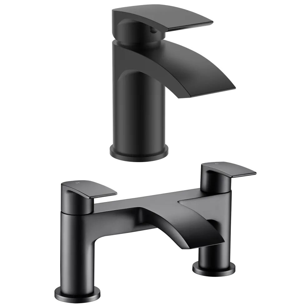 Vellamo Swift Matt Black Basin Mixer Tap & Waste and Deck Mounted Bath Mixer Tap