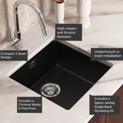 Vellamo Terra 1 Bowl Granite Composite Inset or Undermount Kitchen Sink & Waste - 430 x 460mm