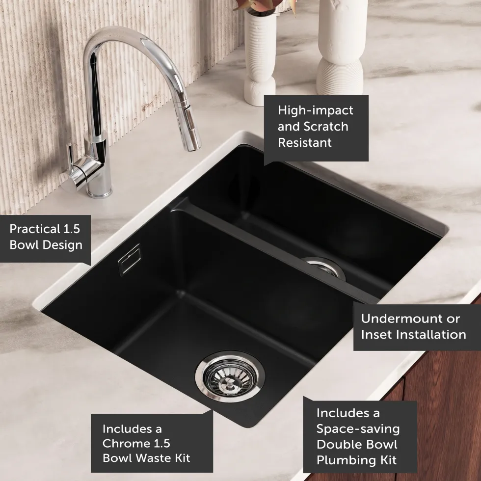 Vellamo Terra 1.5 Bowl Granite Composite Inset/Undermount Kitchen Sink & Waste Kit - 555 x 460mm