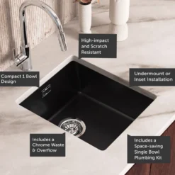 Vellamo Terra Compact 1 Bowl Granite Composite Inset or Undermount Kitchen Sink & Waste - 370 x 460mm