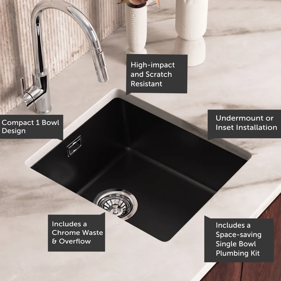 Vellamo Terra Compact 1 Bowl Granite Composite Inset or Undermount Kitchen Sink & Waste - 370 x 460mm