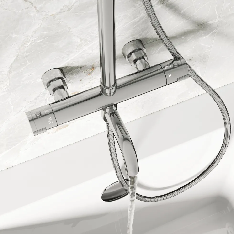 Vellamo Twist Exposed 3 Outlet Rigid Riser Thermostatic Shower Set with Integrated Bath Spout