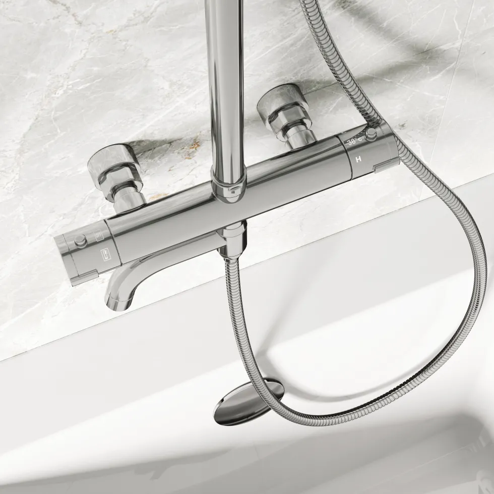 Vellamo Twist Exposed 3 Outlet Rigid Riser Thermostatic Shower Set with Integrated Bath Spout