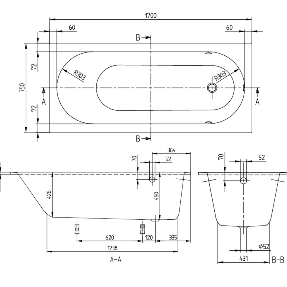 Villeroy & Boch Oberon Quaryl Straight Single Ended Bath - 1600, 1700 & 1800mm