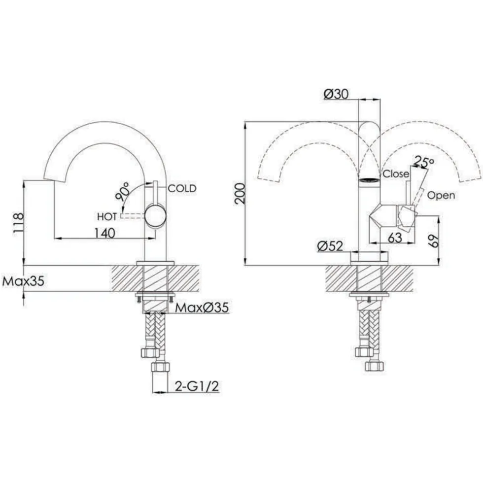 VOS Side Lever Mono Basin Mixer Tap with Swivel Spout