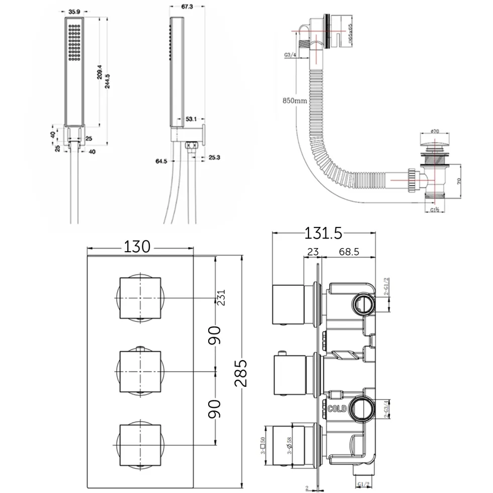 Zane Concealed Shower Valve, Fixed Shower Head, Handset & Overflow Bath Filler